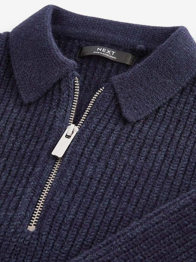 Navy Blue Long Sleeve Quarter Zip Polo Shirt (3-16yrs) - Image 3 of 3