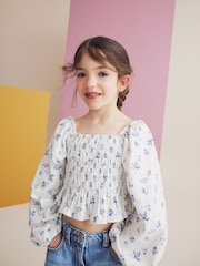 Blue Ditsy Printed Shirred 100% Cotton Blouse (3-16yrs) - Image 1 of 4