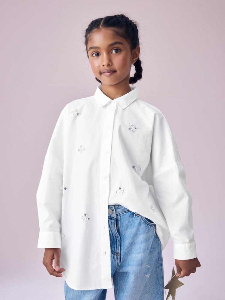 Diamante White Oversized 100% Cotton Shirt (3-16yrs) - Image 1 of 7 Diamante White Oversized 100% Cotton Shirt (3-16yrs) - Image 1 of 7