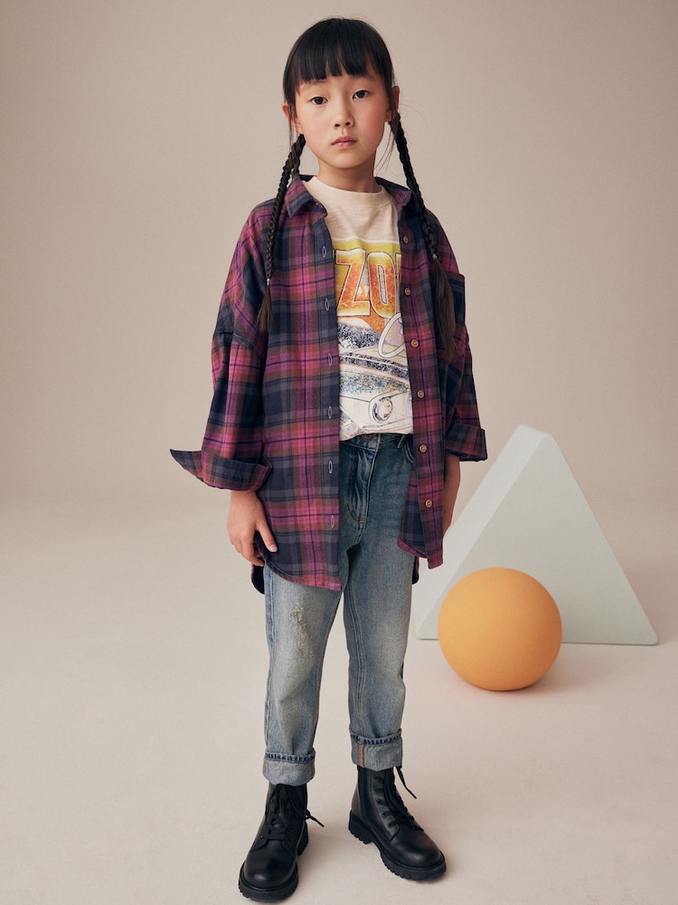 Purple 100% Cotton Check Shirt And T-Shirt Set (3-16yrs) - Image 1 of 10