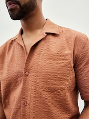 Rust Brown Seersucker Short Sleeve Shirt with Cuban Collar - Image 1 of 8