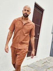 Rust Brown Seersucker Short Sleeve Shirt with Cuban Collar - Image 2 of 8