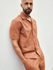 Rust Brown Seersucker Short Sleeve Shirt with Cuban Collar - Image 3 of 8