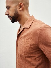 Rust Brown Seersucker Short Sleeve Shirt with Cuban Collar - Image 5 of 8