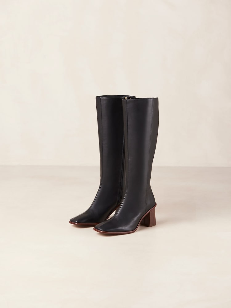 Alohas Black East Leather Knee High Boots with Block Heels - Image 1 of 6