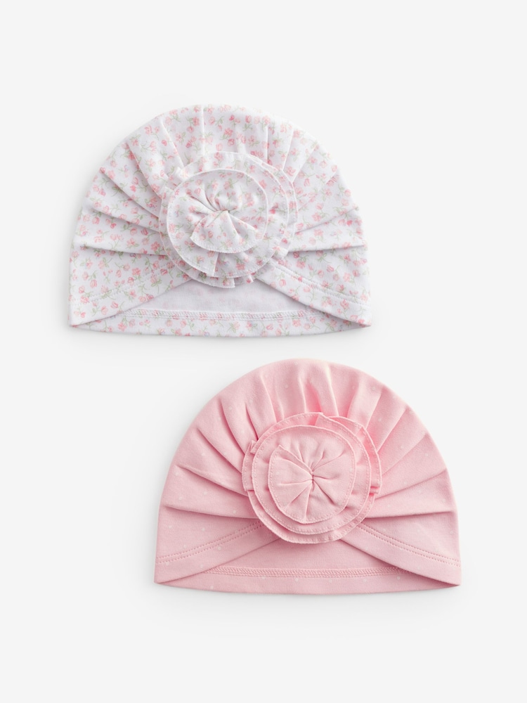 Pink ditsy Baby Bow Turban 100% Cotton Hats 2 Pack (0-18mths) - Image 1 of 4