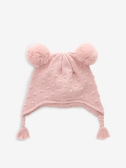 Pink Double Pom Knitted Trapper Hat (0mths-2yrs) - Image 1 of 2