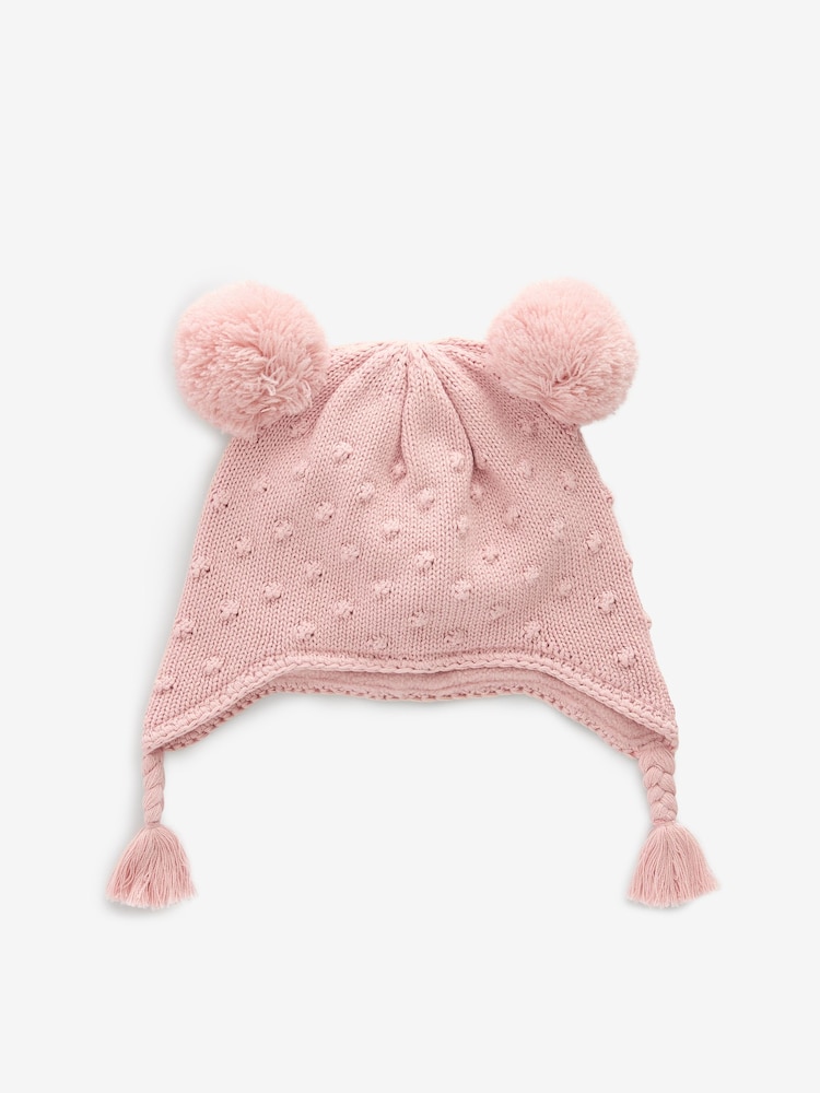 Pink Double Pom Knitted Trapper Hat (0mths-2yrs) - Image 1 of 2