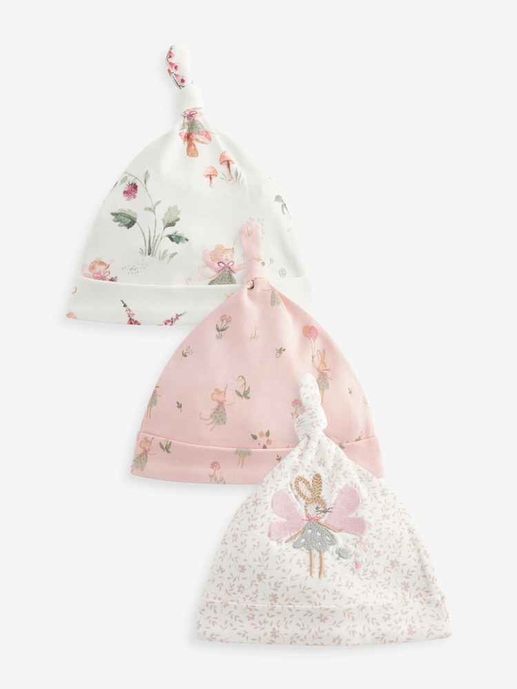 Pink Fairy Baby Tie Top 100% Cotton Hats 3 Pack (0mths-2yrs) - Image 1 of 2