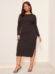 Curves Like These Black Soft Touch Rib Long Sleeve Midi Dress - Image 3 of 4