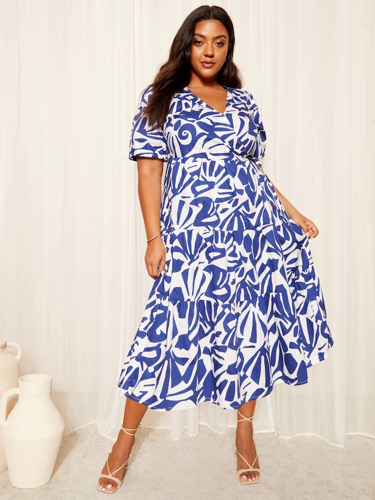 Curves Like These Blue Poplin Puff Sleeve Wrap Midi Dress - Image 1 of 4 Curves Like These Blue Poplin Puff Sleeve Wrap Midi Dress - Image 1 of 4