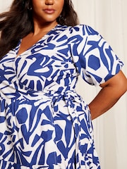 Curves Like These Blue Poplin Puff Sleeve Wrap Midi Dress - Image 2 of 4