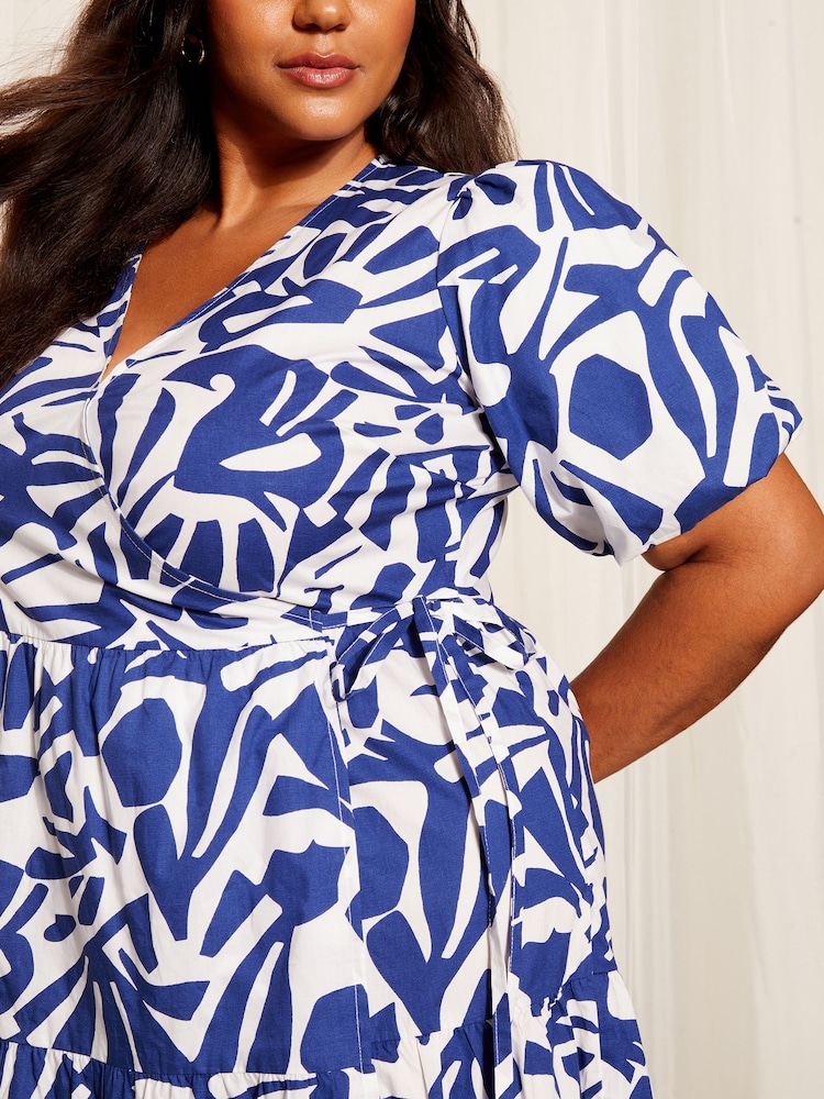 Curves Like These Blue Poplin Puff Sleeve Wrap Midi Dress - Image 2 of 4