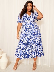 Curves Like These Blue Poplin Puff Sleeve Wrap Midi Dress - Image 3 of 4
