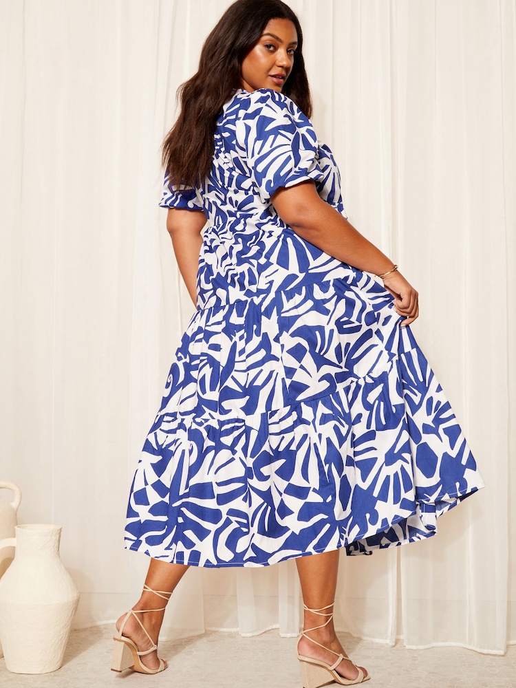 Curves Like These Blue Poplin Puff Sleeve Wrap Midi Dress - Image 4 of 4 Curves Like These Blue Poplin Puff Sleeve Wrap Midi Dress - Image 4 of 4