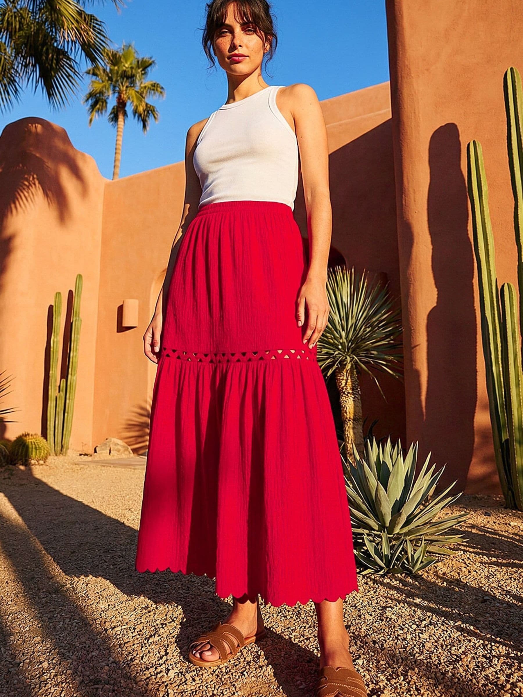 Roman Women's Red Scallop Trim Midi Skirt