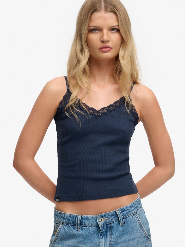 SUPERDRY Blue Essential Lace Trim Camisole - Image 1 of 7 SUPERDRY Blue Essential Lace Trim Camisole - Image 1 of 7