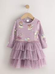 Lilac Purple Bear Long Sleeve Ribbed Mesh Dress (3mths-7yrs) - Image 1 of 4