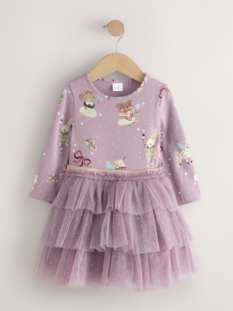 Lilac Purple Bear Long Sleeve Ribbed Mesh Dress (3mths-7yrs) - Image 1 of 4 Lilac Purple Bear Long Sleeve Ribbed Mesh Dress (3mths-7yrs) - Image 1 of 4