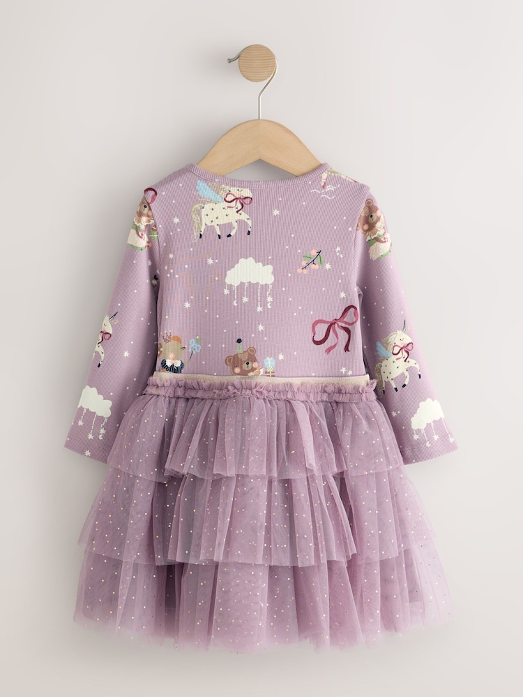 Lilac Purple Bear Long Sleeve Ribbed Mesh Dress (3mths-7yrs) - Image 2 of 4 Lilac Purple Bear Long Sleeve Ribbed Mesh Dress (3mths-7yrs) - Image 2 of 4