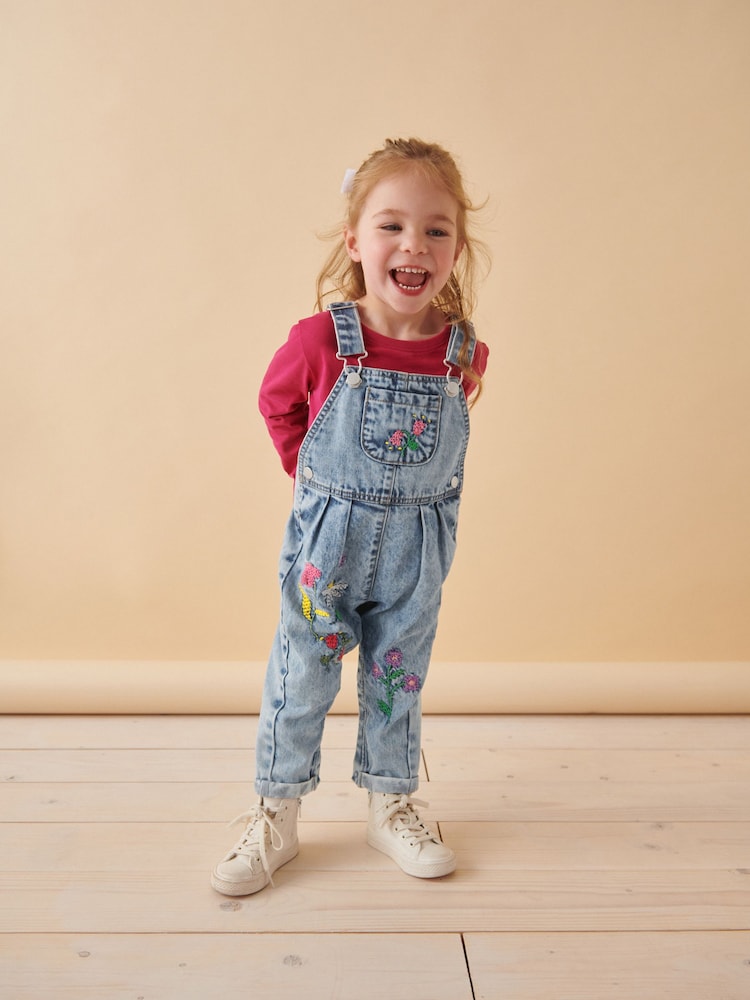 Denim - Latzhose mit Floralmuster und Stickerei aus 100 % Baumwolle (3 Monate bis 7 Jahre) - Bild 1 von 9