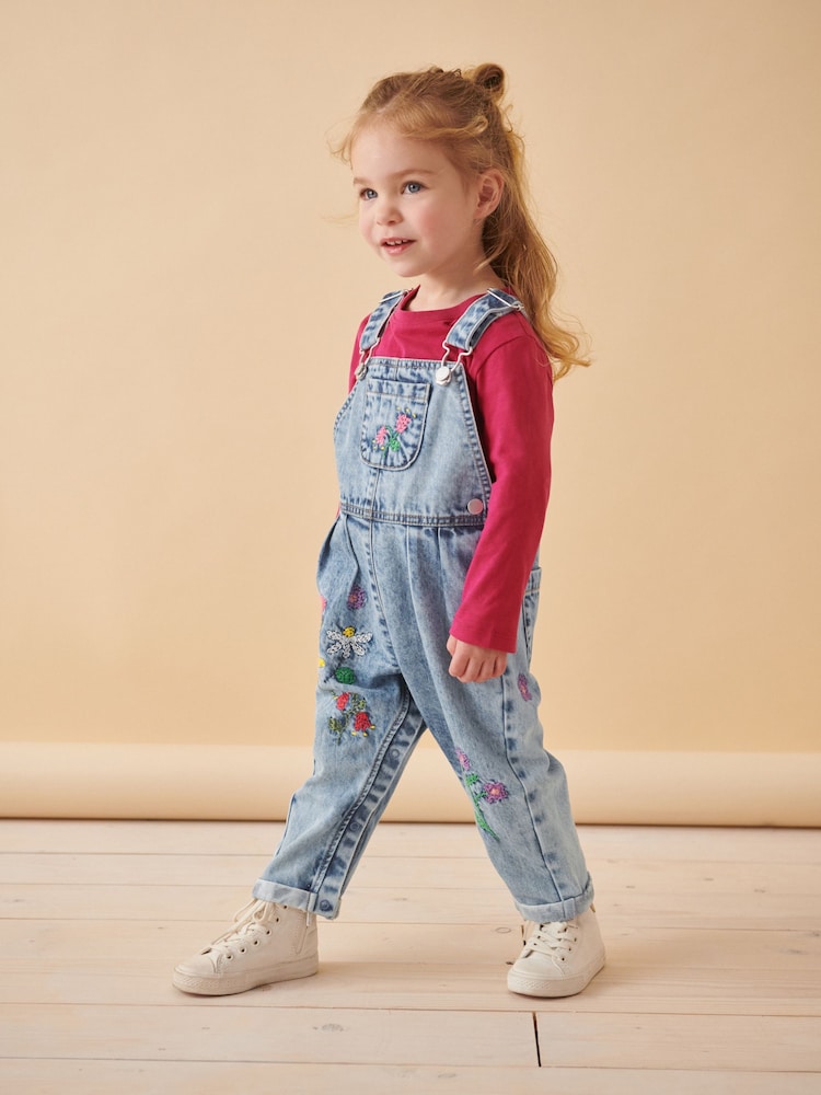 Denim - Latzhose mit Floralmuster und Stickerei aus 100 % Baumwolle (3 Monate bis 7 Jahre) - Bild 2 von 9