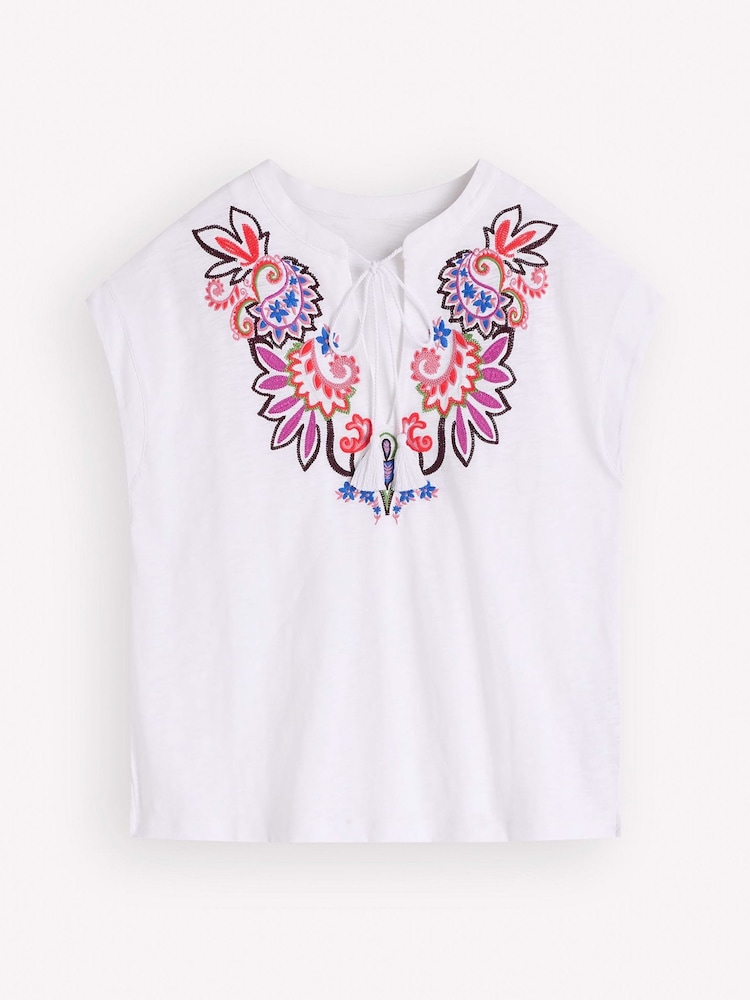 Boden White Nina Embroidered Notch T-Shirt - Image 1 of 1