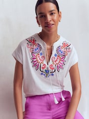 Boden White Nina Embroidered Notch T-Shirt - Image 3 of 5