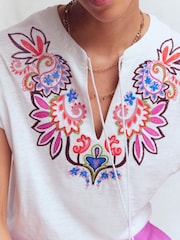 Boden White Nina Embroidered Notch T-Shirt - Image 4 of 5