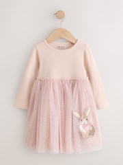 Pink Bunny Long Sleeve Ribbed Mesh Dress (3mths-7yrs) - Image 1 of 4