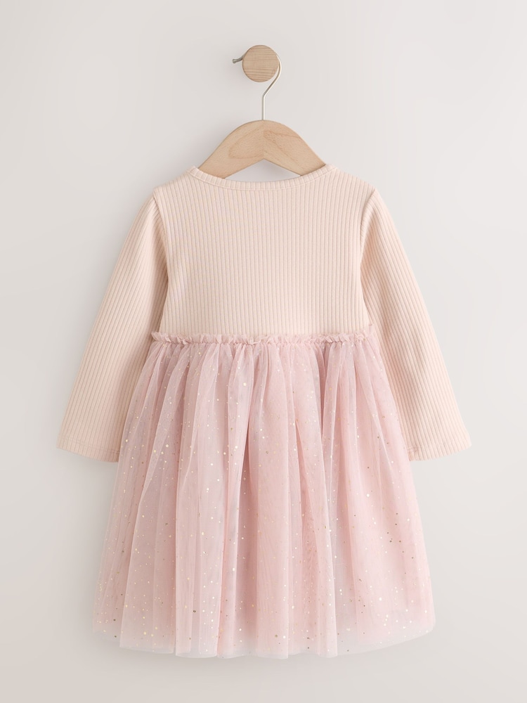 Pink Bunny Long Sleeve Ribbed Mesh Dress (3mths-7yrs) - Image 2 of 4