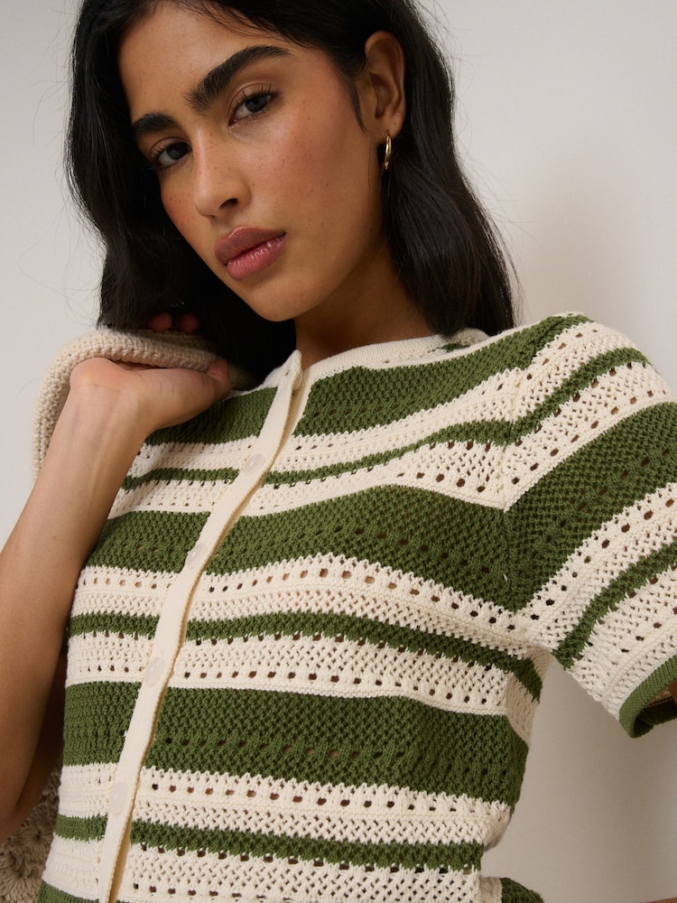 Nobodys Child Green Crochet Stripe Resort Cardigan - Image 5 of 5