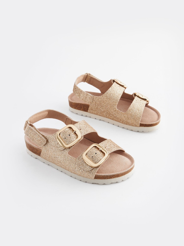 Gold mit Glitzer - Sandalen mit Fußbett aus Kork und zwei Riemen - Bild 1 von 5 Gold mit Glitzer - Sandalen mit Fußbett aus Kork und zwei Riemen - Bild 1 von 5
