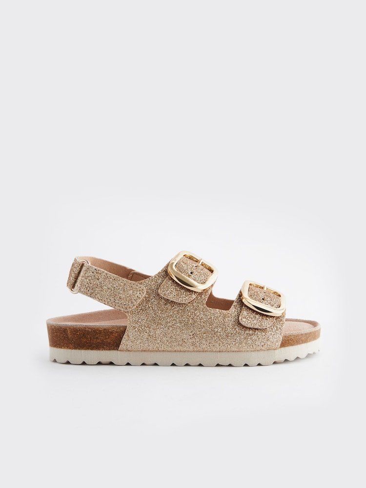 Gold Glitter Wide Fit (G) Two Strap Corkbed Sandals - Image 2 of 5