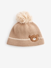 Tan Brown Bear Knitted Baby Pom Beanie Hat (0mths-2yrs) - Image 1 of 2