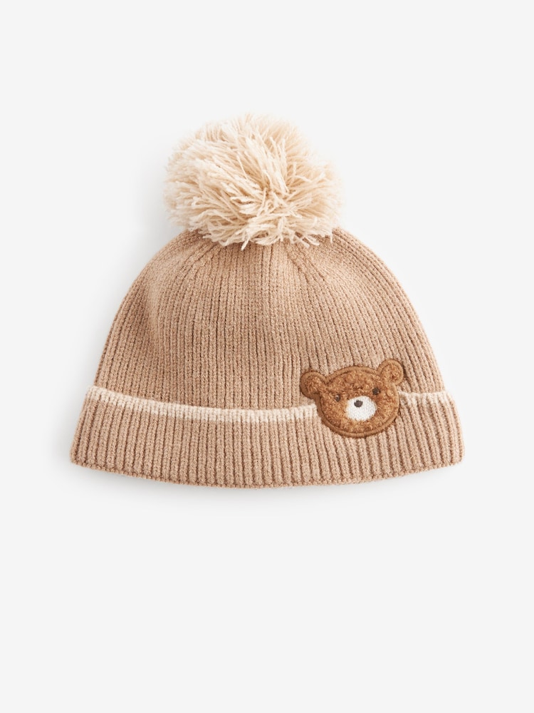 Tan Brown Bear Knitted Baby Pom Beanie Hat (0mths-2yrs) - Image 1 of 2