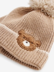 Tan Brown Bear Knitted Baby Pom Beanie Hat (0mths-2yrs) - Image 2 of 2