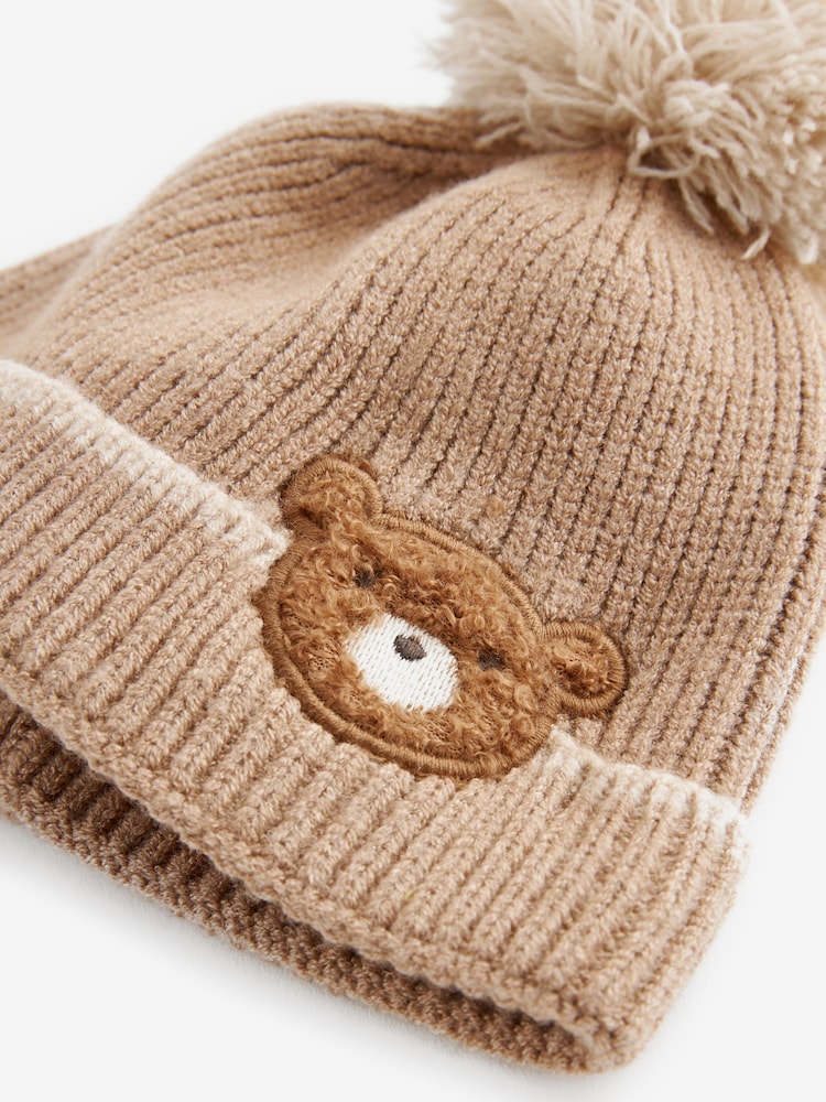 Tan Brown Bear Knitted Baby Pom Beanie Hat (0mths-2yrs) - Image 2 of 2