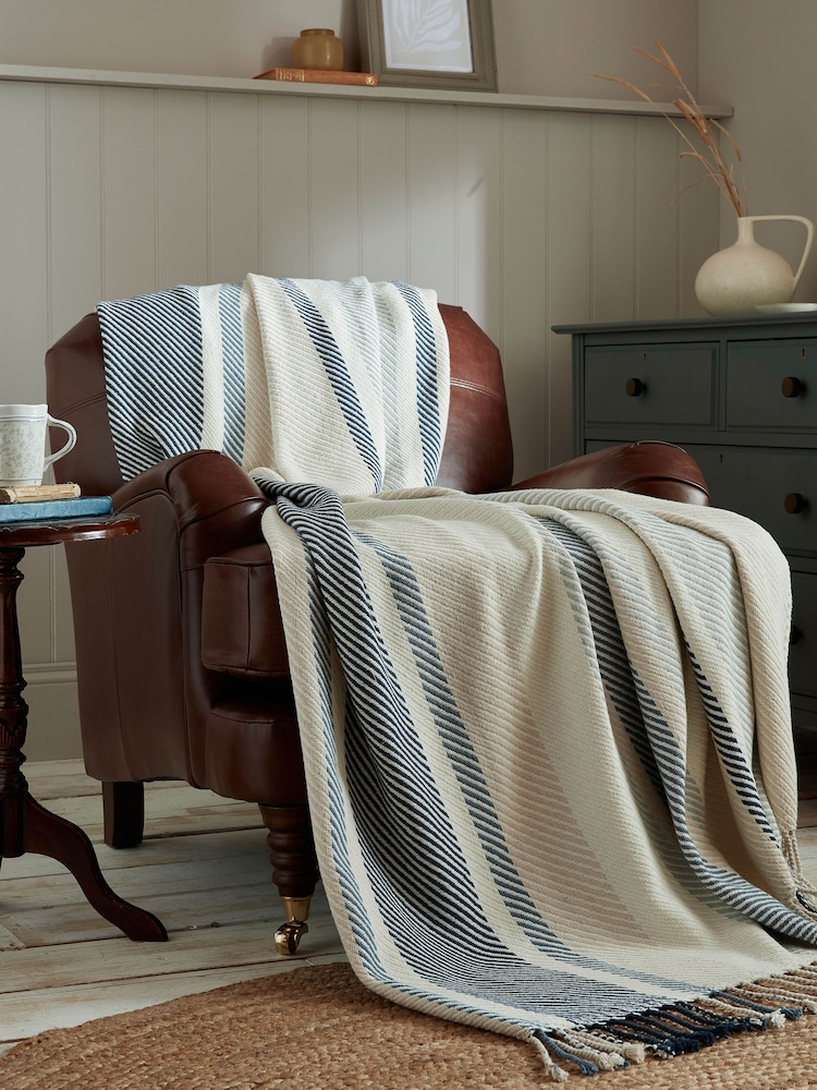 Laura Ashley Seaspray Blue Awning Stripe 100% Cotton Throw - Image 1 of 3