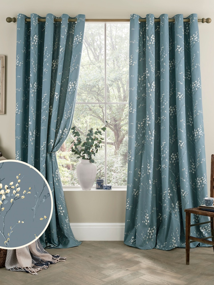 Laura Ashley Dark Seaspray Pussy Willow Lined 100% Cotton Eyelet Curtains - Image 1 of 2
