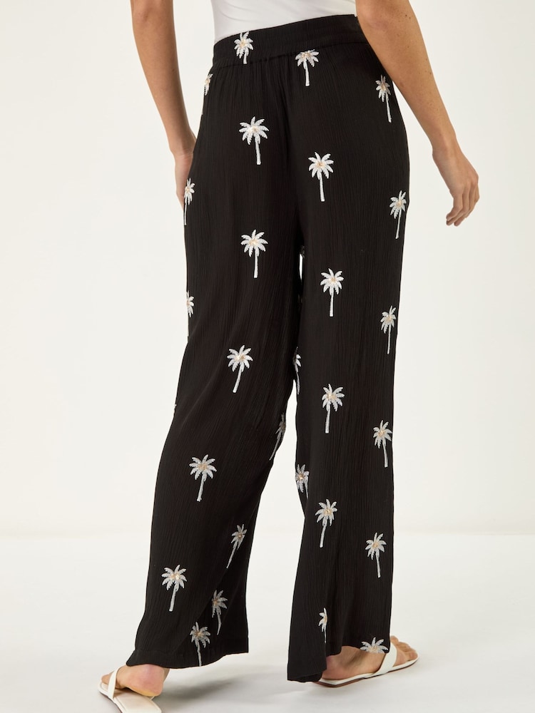 Roman Black Palm Tree Printed Trousers - Image 2 of 5 Roman Black Palm Tree Printed Trousers - Image 2 of 5
