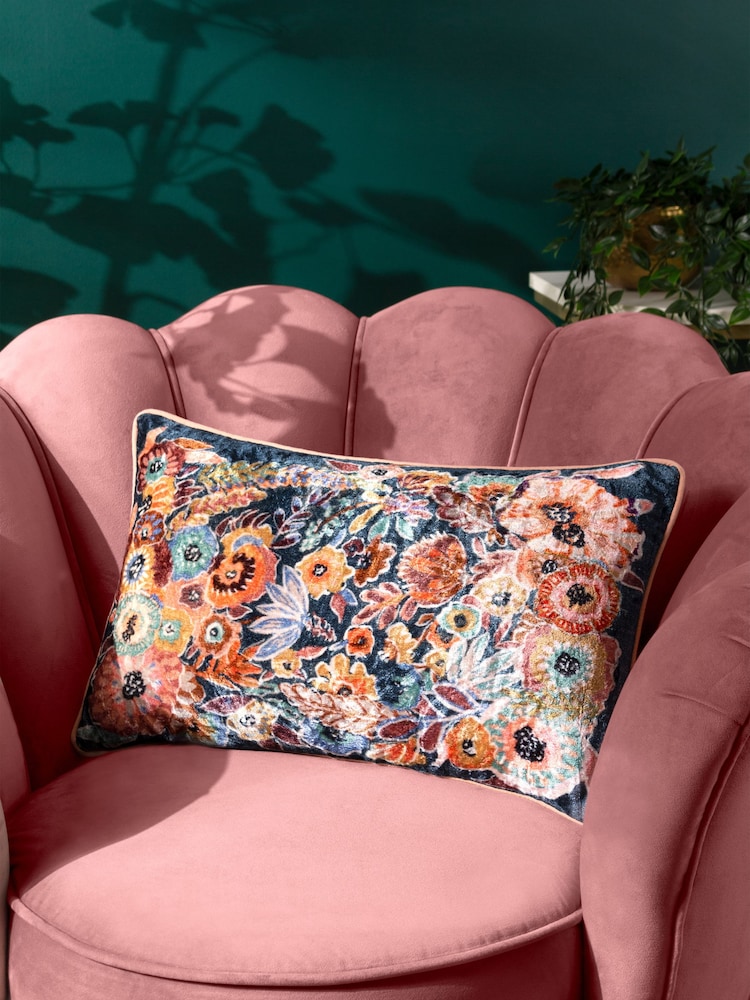 Wylder Tropics Multicolour Aquess Floral Viscose Velvet 100% Cotton Cushion - Image 1 of 6