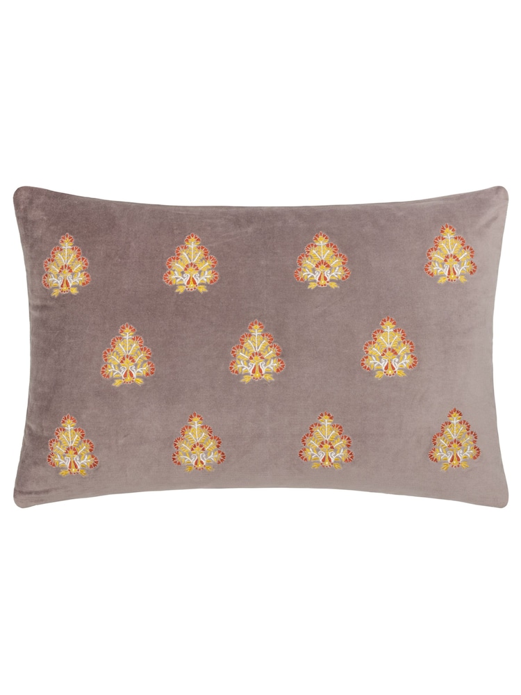Riva Paoletti Taupe Rennes Cotton Velvet Embroidered Cushion - Image 1 of 5