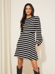 Friends Like These Black Stripe Knit Soft Touch Ruched Long Sleeve Mini Dress - Image 1 of 4