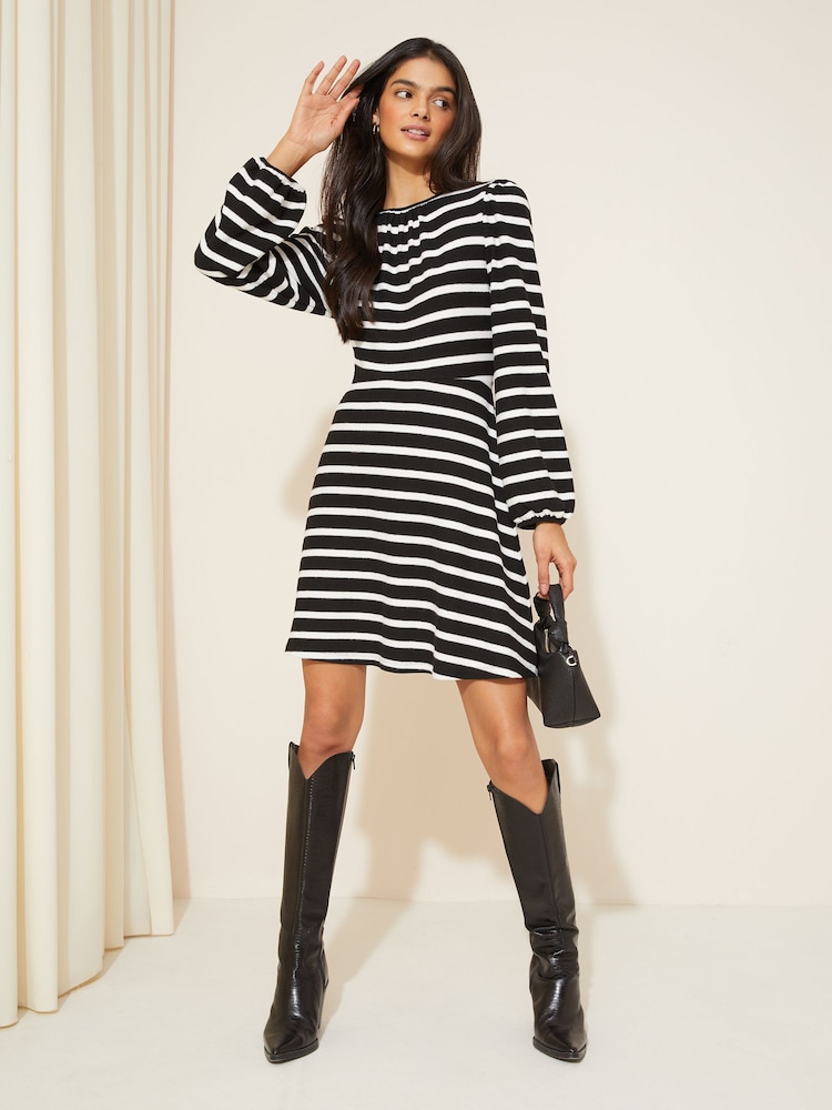 Friends Like These Black Stripe Knit Soft Touch Ruched Long Sleeve Mini Dress - Image 2 of 4