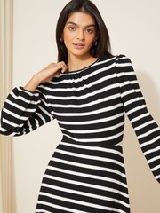 Friends Like These Black Stripe Knit Soft Touch Ruched Long Sleeve Mini Dress - Image 3 of 4