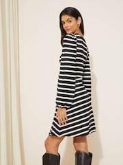 Friends Like These Black Stripe Knit Soft Touch Ruched Long Sleeve Mini Dress - Image 4 of 4