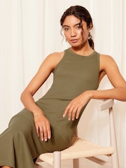Friends Like These Khaki Green Rib Racer Round Neck Midi Dress - Image 2 of 4