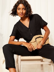 Friends Like These Black Short Sleeve Button Tapered Jumpsuit with Linen - Image 4 of 4