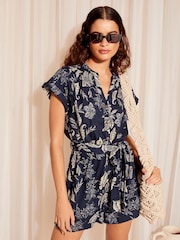 Friends Like These Navy Blue Linen Belted Shorts Sleeve Utility Playsuit - Image 1 of 4